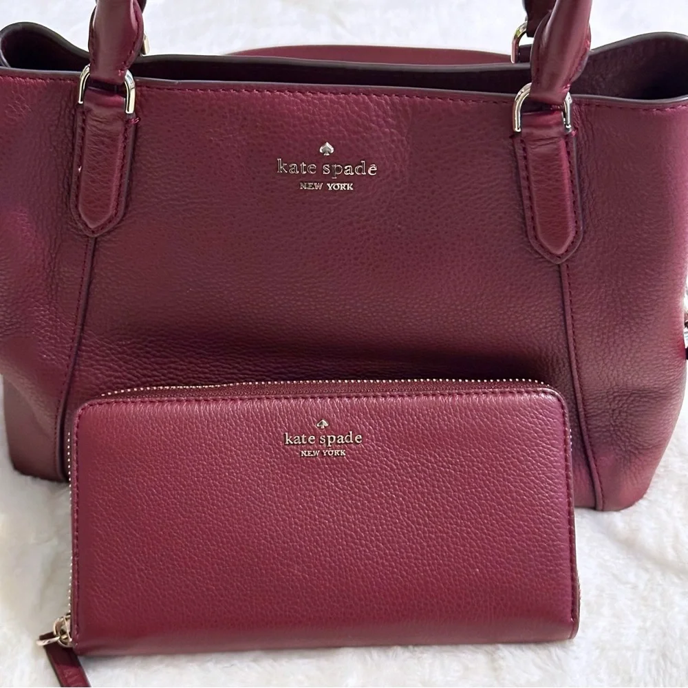 Kate Spade ♠️ JACKSON MEDIUM TRIPLE COMPARTMENT SATCHEL & MATCHING WALLET berry - Picture 1 of 15